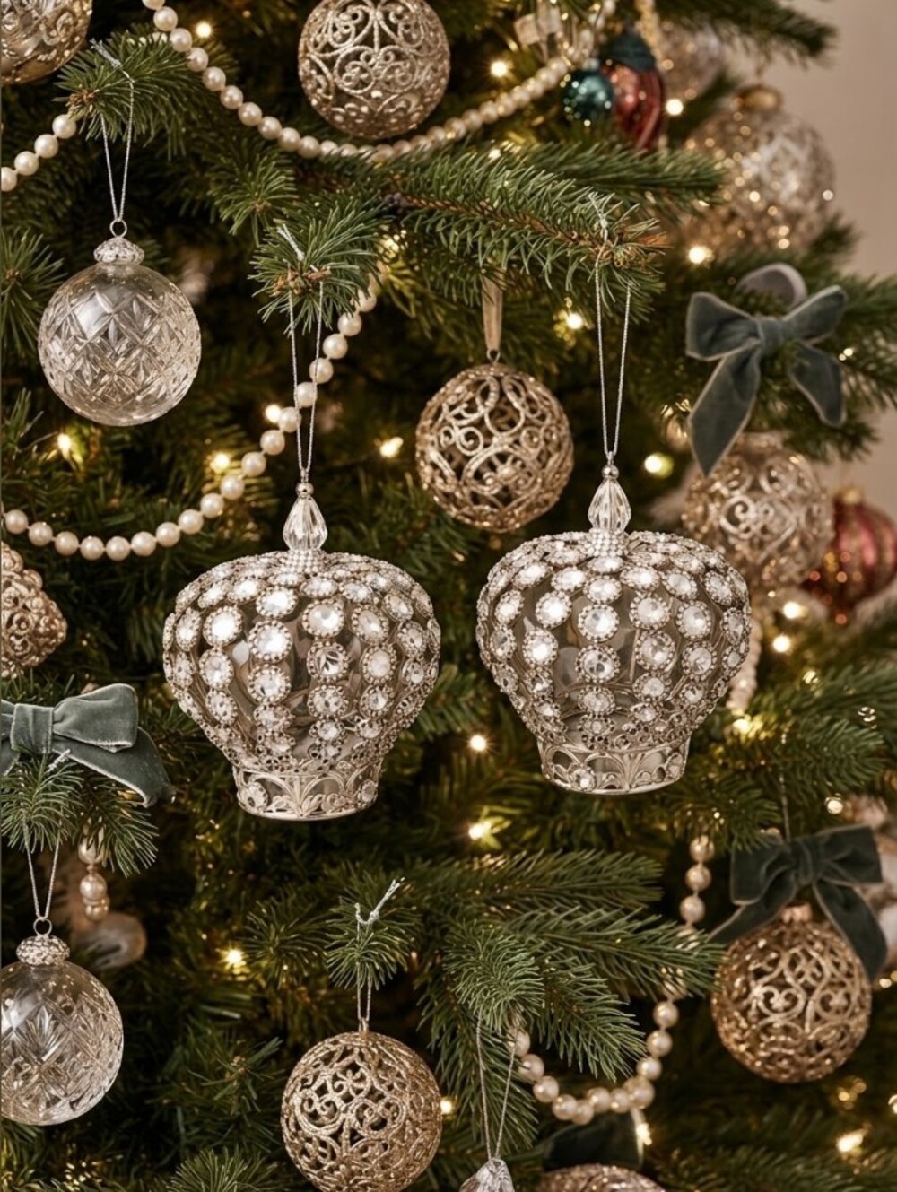 Ornate Silver Crown Jewel-Embellished Holiday Ornament Pair